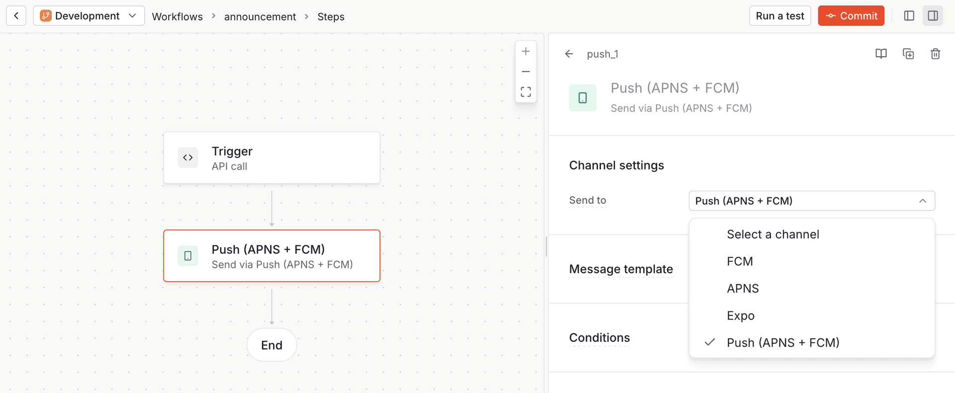 Workflow with push channel group. One step with a single notification design to update and manage.