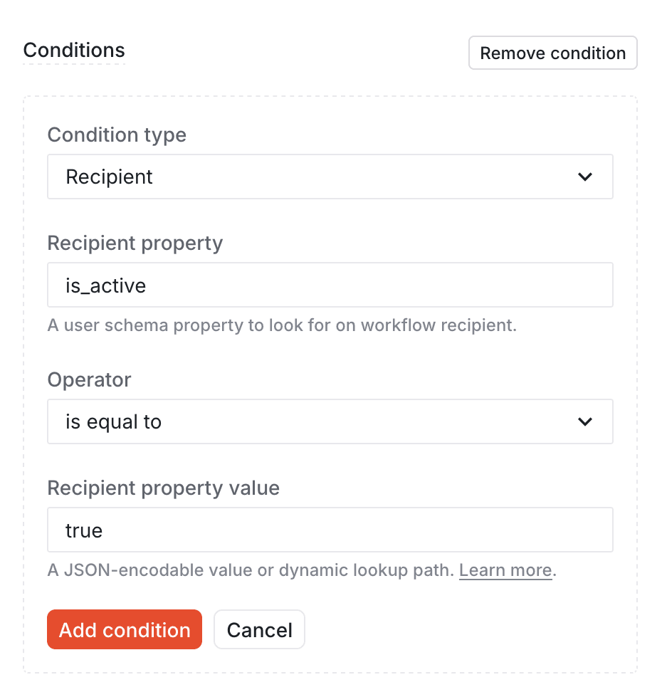 Working with the conditions editor to build a recipient data condition.